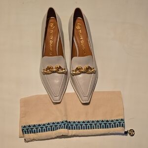 Tory Burch Cream Loafers with Gold Chain Detail